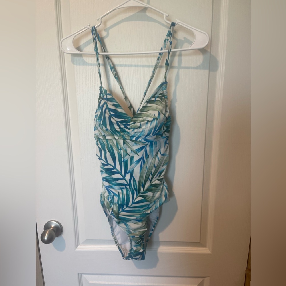 Women’s Size Small One Piece White Tropical Floral Swimsuit.